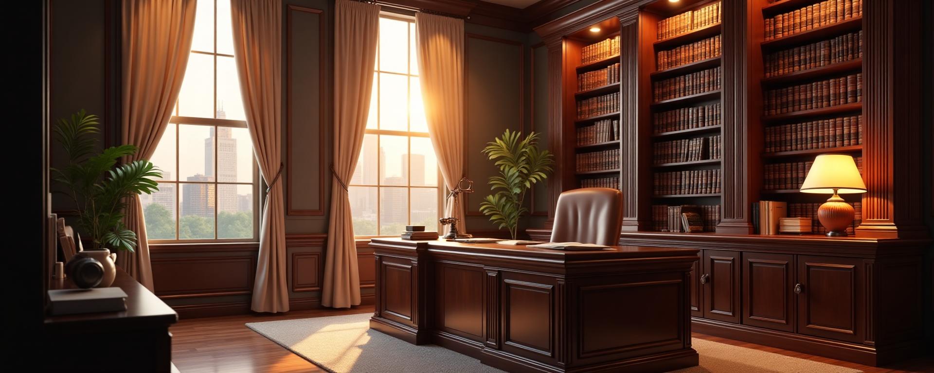 Law office with bookshelves and warm lighting