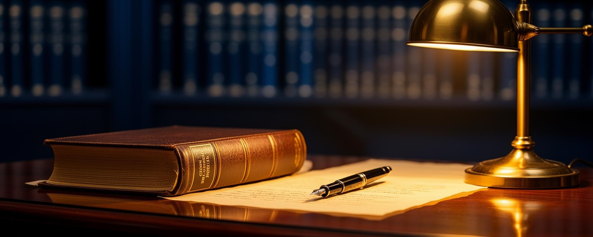 Legal book and fountain pen on mahogany desk