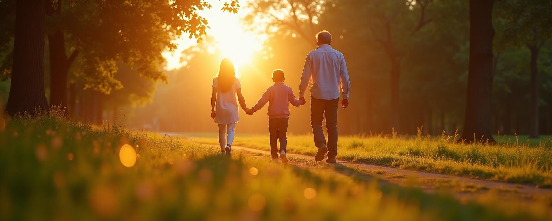 Family walking together at sunset